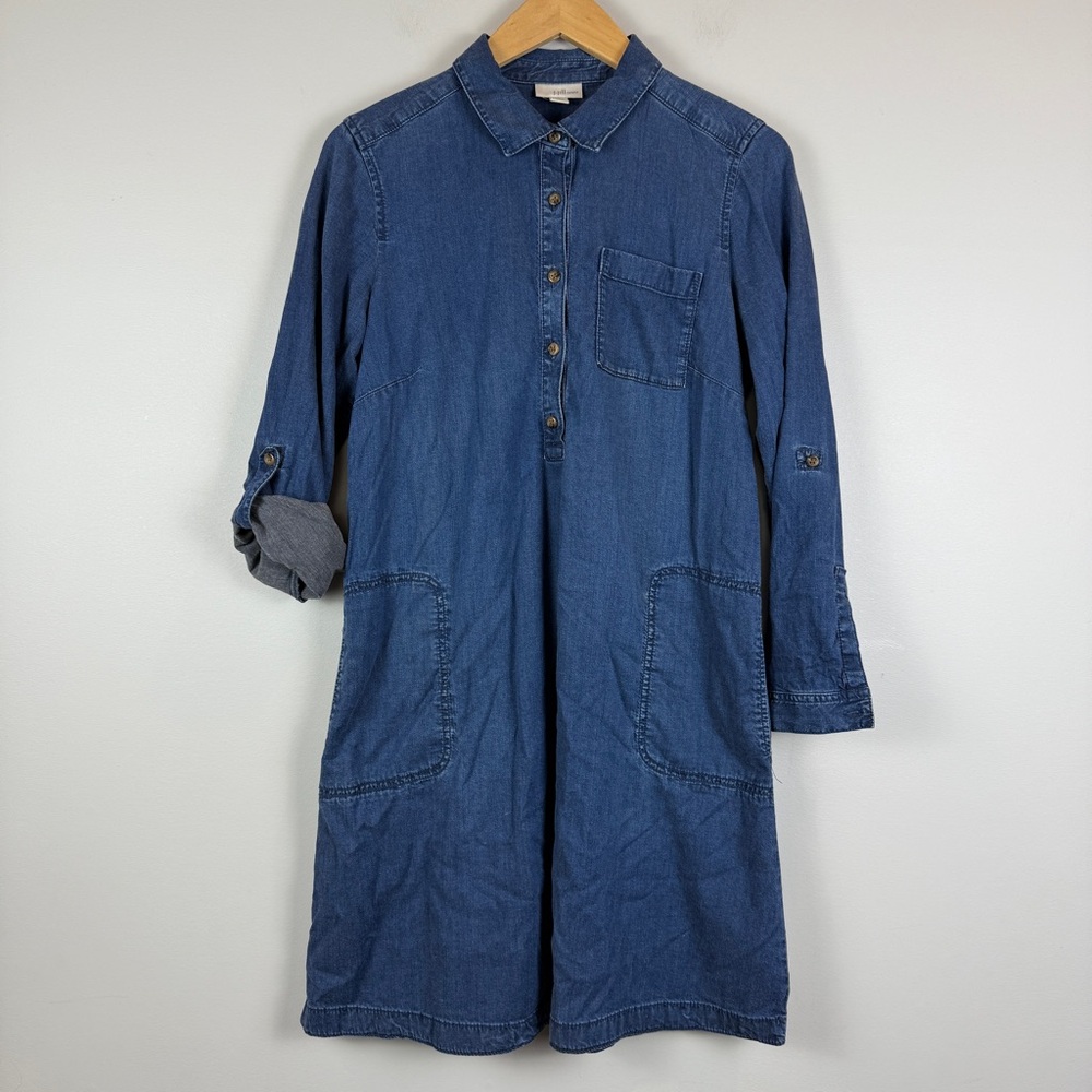 J. Jill Denim Tencel Shirt Dress S Petite Dark Wash Convertible Sleeves Pockets